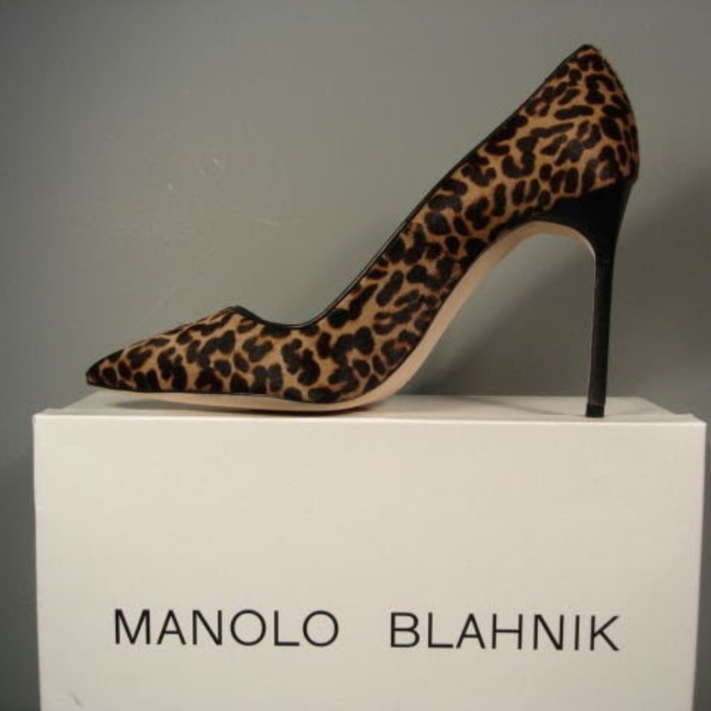 $950 New In Box Manolo Blahnik BB 105 Leopard  Pony Black Shoes Pumps 38.5